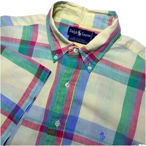 Ralph Lauren XL Short Sleeve Plaid Woven Button Down Multicolor Blue Pastel Pony